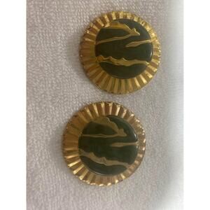 Vintage Pierced Earrings ~Green & Goldtone